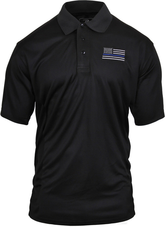 Black Moisture Wicking Thin Blue Line US Flag Embroidered Police Polo Shirt