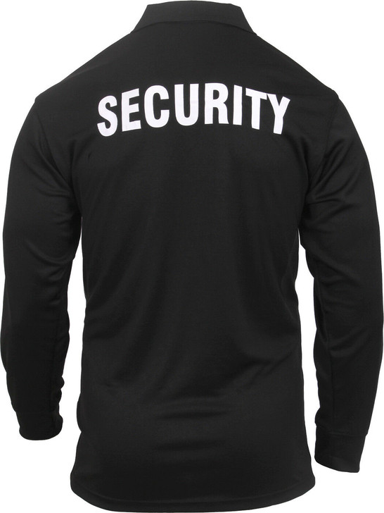 Black SECURITY Guard Officer Long Sleeve Polo Shirt – Moisture Wicking, Double-Sided Print