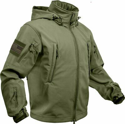 Olive Drab Special Ops Soft Shell Waterproof Military Jacket w/ US Flag Patches