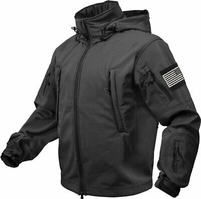 Black Special Ops Soft Shell Waterproof Military Jacket w/ US Flag Patches