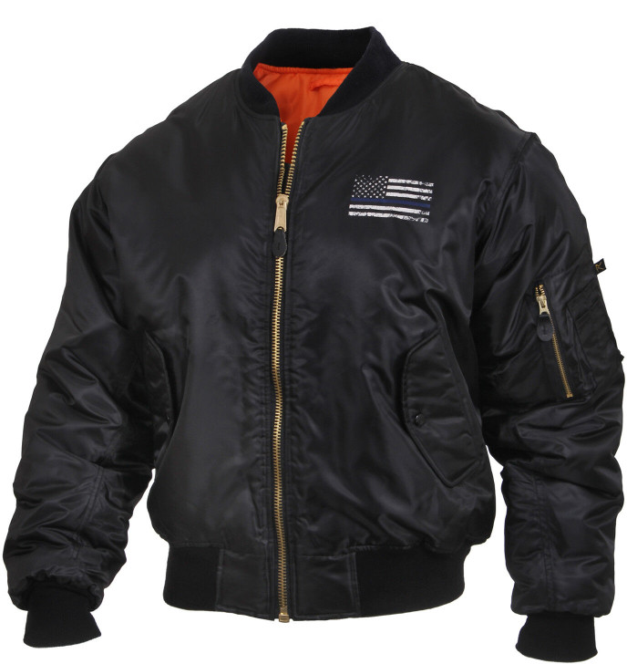 Black Air Force MA-1 Bomber Coat Flight Jacket with Thin Blue Line Flag