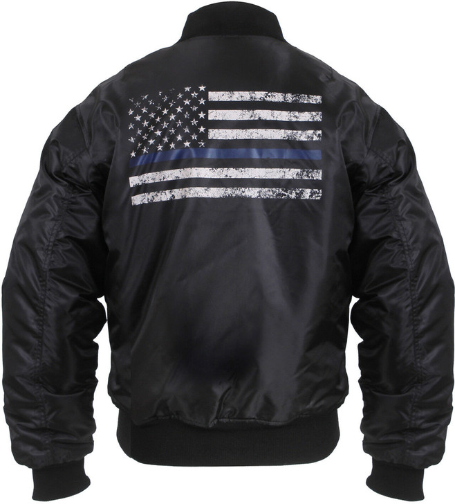 Black Air Force MA-1 Bomber Coat Flight Jacket with Thin Blue Line Flag