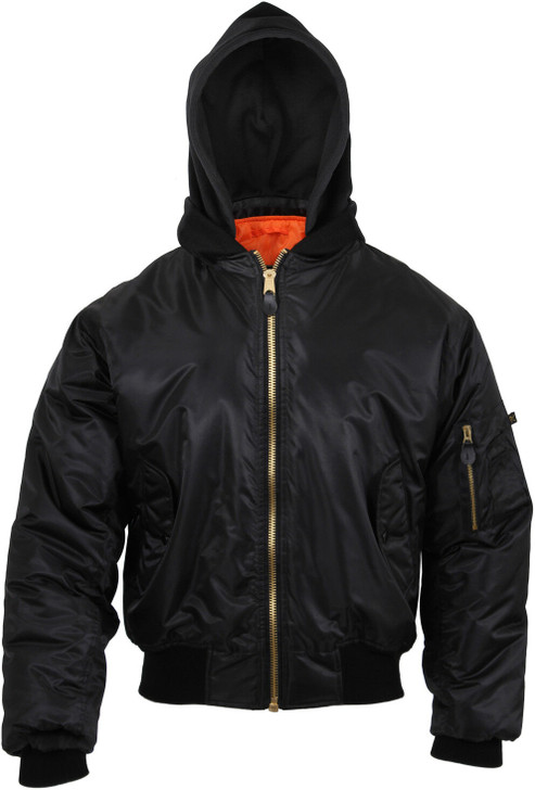 Black Hooded MA-1 Flight Jacket Reversible Orange Air Force Bomber Coat w/ Hood