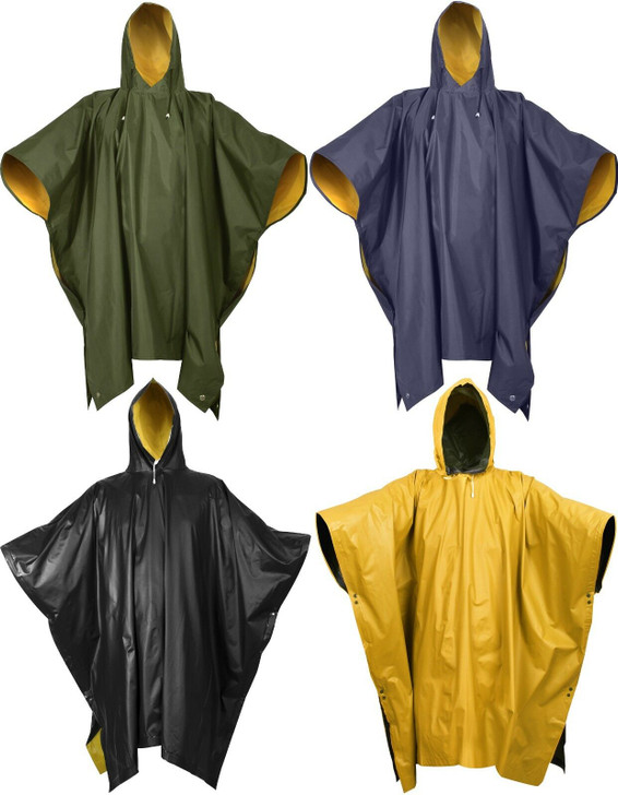 Reversible Waterproof Rain Poncho High Visibility PVC Thick Outdoor Hood & Snaps