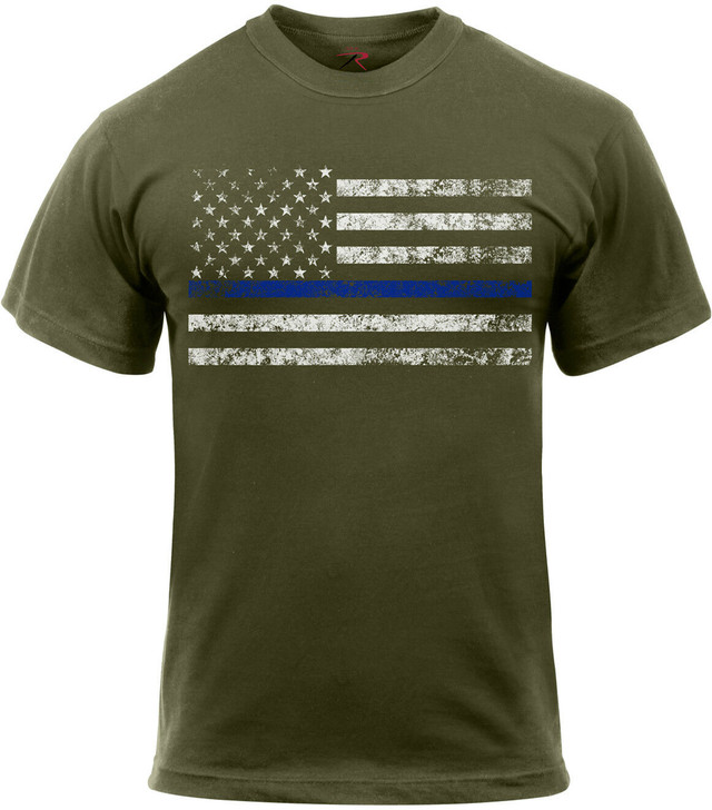 Olive Drab Distressed Thin Blue Line TBL US American Flag Short Sleeve T-Shirt