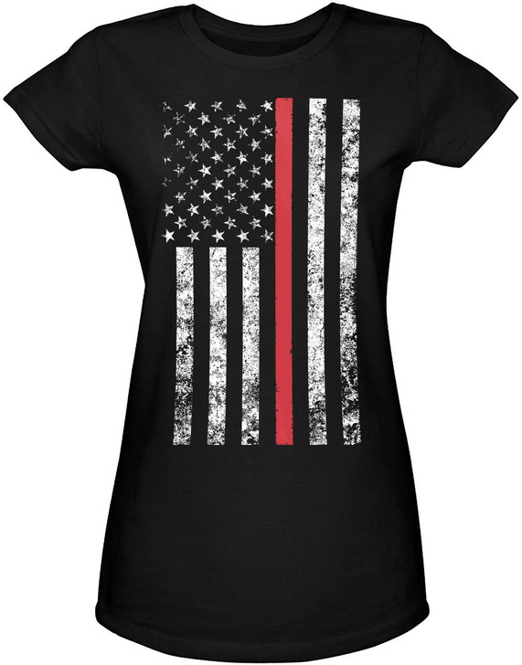Womens Black US Flag Distressed Thin Red Line Support the Police Long T-Shirt