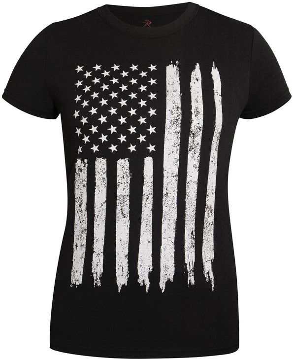 Womens Black Distressed US Flag Long T-Shirt with Reverse US Flag Sleeve