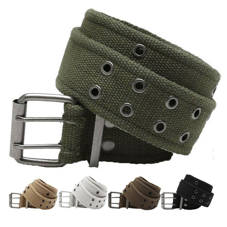 Military Double Prong Canvas Belt, Heavy Duty Army Pistol Grommet Two Hole 1.75"