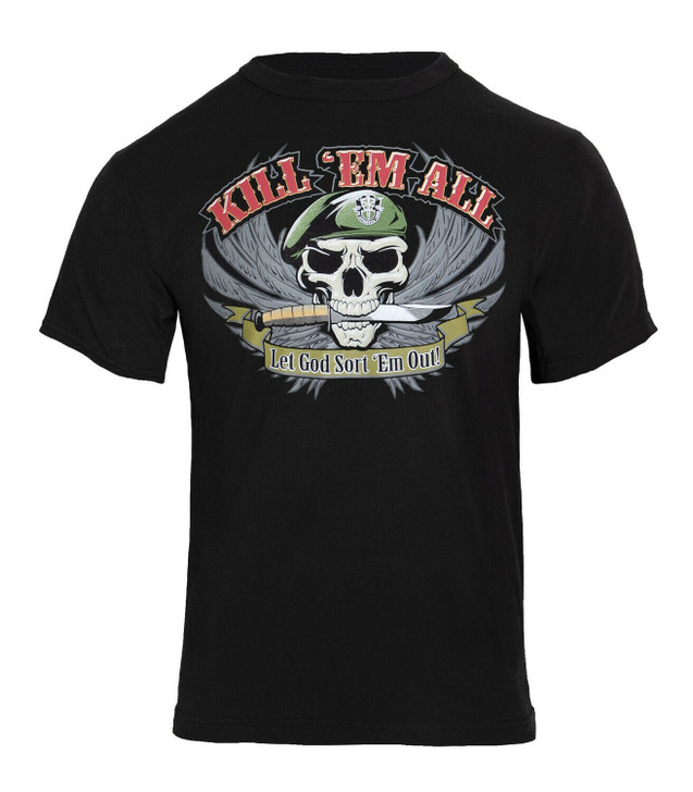 Kill Em All Let God Sort Em Out Skull Black T-Shirt Military Special Forces Tee