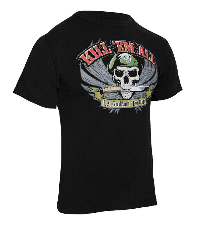Kill Em All Let God Sort Em Out Skull Black T-Shirt Military Special Forces Tee