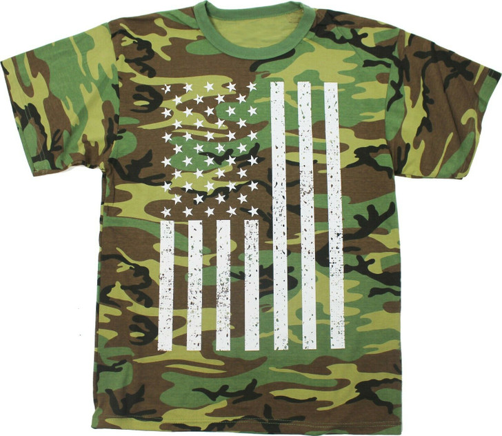 Distressed US Flag Camo T-Shirt American Woodland Military Army Tactical Tee