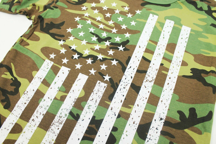 Distressed US Flag Camo T-Shirt American Woodland Military Army Tactical Tee