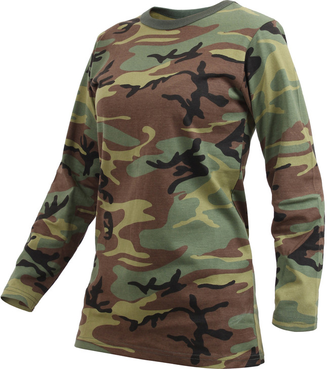Women's Woodland Camouflage Long Sleeve Military T-Shirt Longer Length