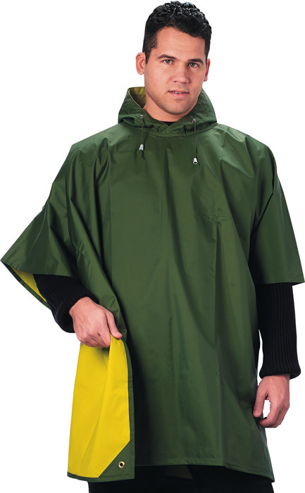 Olive Drab & Yellow Rubberized Nylon Reversible Rain Poncho - 50" x 80"