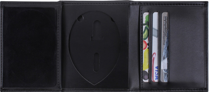 Black Leather Tri Fold Badge ID Credit Card Holder Wallet