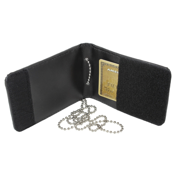 Black Leather Bi-Fold ID Holder & Neck Chain Clear PVC Pocket Wallet