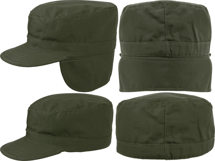 Olive Drab Fatigue Hat with Padded Ear Flaps - Tactical Fitted Winter Patrol Cap