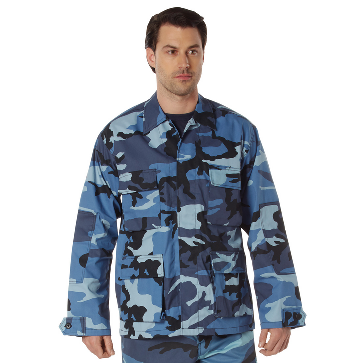 Mens Sky Blue Camouflage Military BDU Shirt Tactical Uniform Army Coat Fatigues