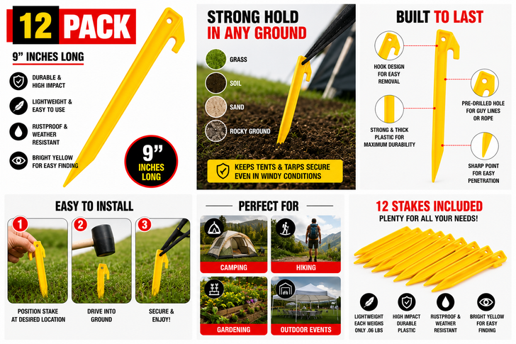 Yellow Tent Stakes Securing a Tent
Plastic Ground Stakes for Landscaping and Garden Use
Bright Yellow Tent Pegs Easy to Locate Outdoors