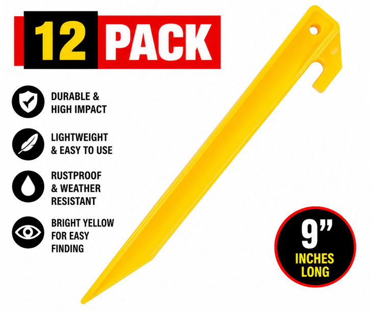 12 Pack 9 Inch Yellow Plastic Tent Stakes Heavy Duty Camping Ground Pegs
