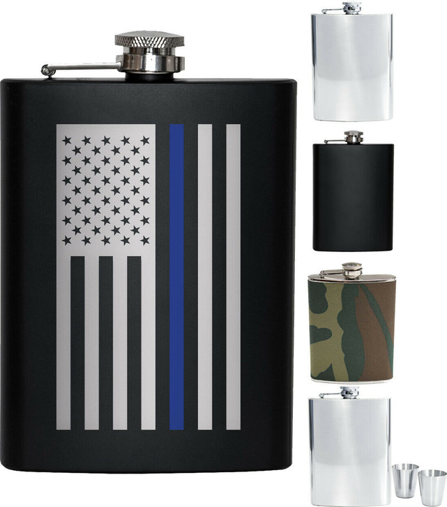 Steel Flask Gift Set 8 oz Silver Hip Waist Solid Army Camo Thin Blue Line Chrome