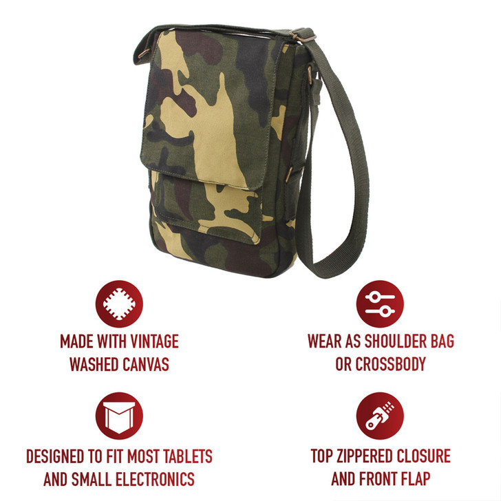 Vintage Canvas Tablet Messenger Bag, Tech Case Travel Shoulder Pouch Army Camo