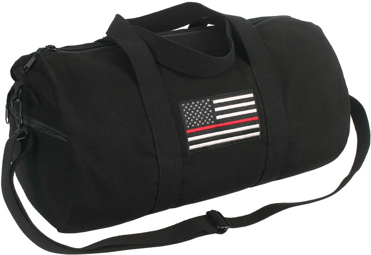 Black Heavy Canvas Gym Travel Shoulder Duffle Bag with Thin Red Line 19" x 9"