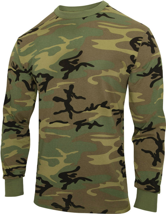 Camo Long Sleeve T-Shirt Washed Vintage Look Tactical Woodland Camouflage