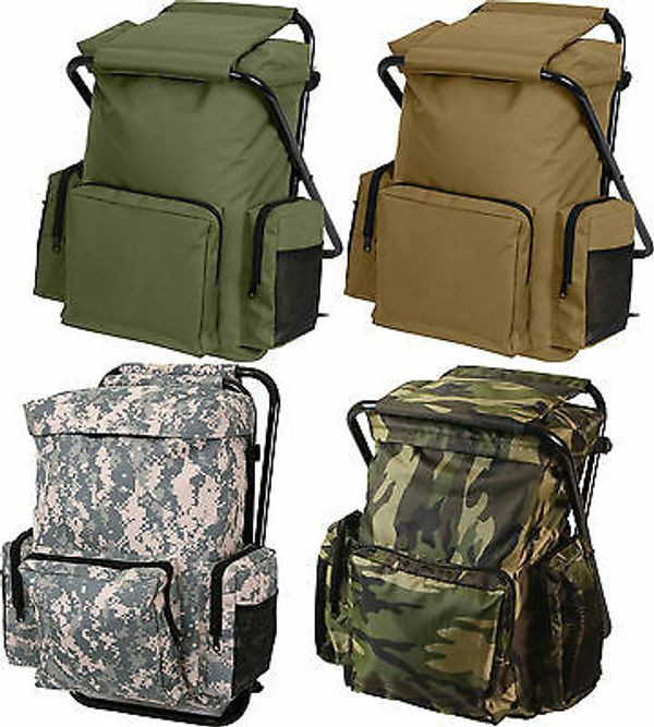 Travel Backpack with Stool Combo Camping Bag Hiking Pack Camo Knapsack Chair
