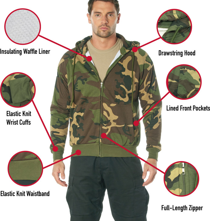 Tactical Thermal Hoodie, Camo Zipper Sweatshirt Comfortable Waffle Knit Warm