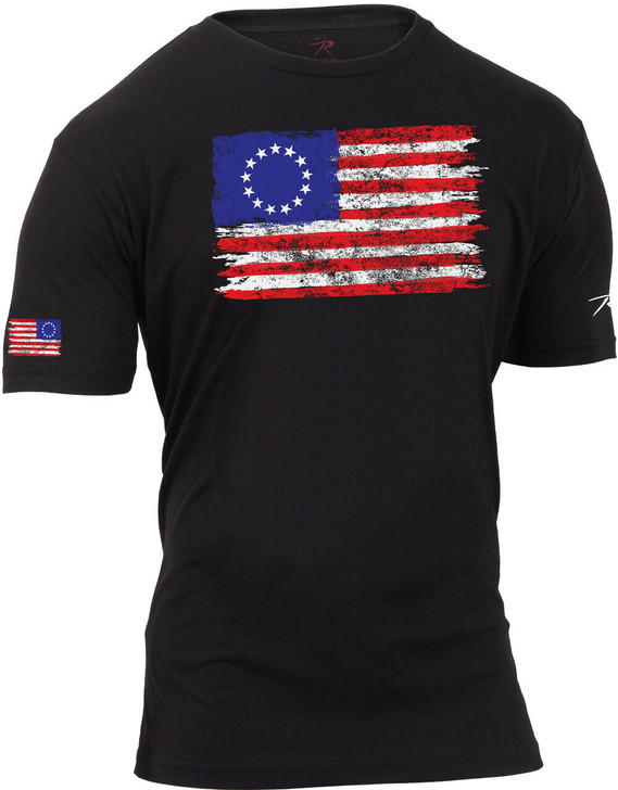 Black Colonial Betsy Ross Flag T-Shirt Patriotic 13 Star US Flag Tee
