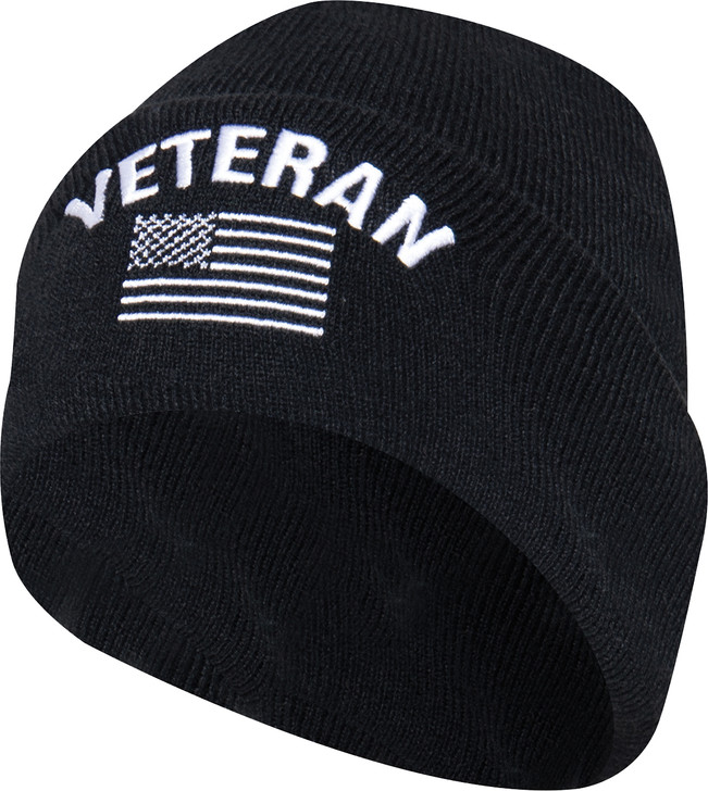 Black Fine Knit Watch Cap Veteran With US Flag Deluxe Hat