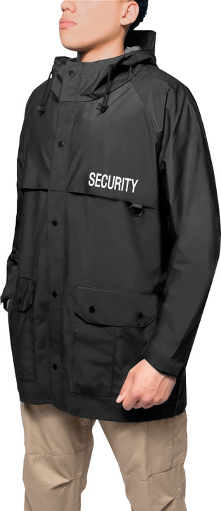 Black Nylon Security Rain Jacket Traffic Hood 100% Waterproof Rain Coat