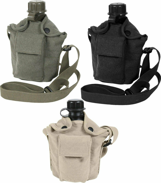 Military 1 Quart Canteen & Vintage Canvas Canteen Cover with Carry Strap