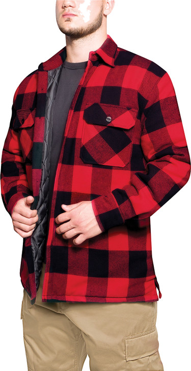 Red Plaid Flannel Jacket SHERPA Lined Quilted Buffalo Check Lumberjack Top