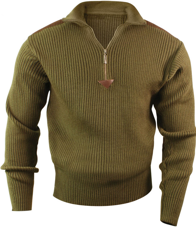 Olive Drab Acrylic Commando Military Quarter Zip Sweater with Suede Patches