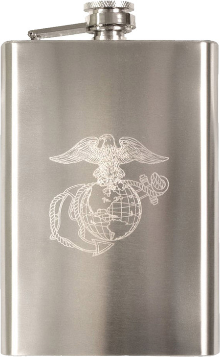 Silver - US Marine Corps Flask with USMC Engraved Emblem - Stainless Steel