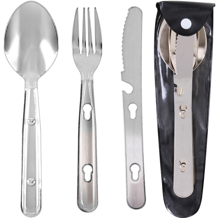 Army Universe Camping Utensil Clip Flatware Set - Stainless Steel Spoon, Fork, Knife & Can Opener with Pouch Mess Kit 6 Piece Accessory, 2-Pack