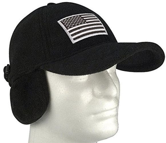 Black Polar Fleece Tactical Cap Hat w/ Earflaps and Silver Hook Loop Patch