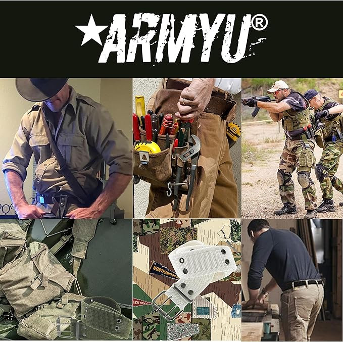 ARMYU Military Double Prong Canvas Belt, Heavy Duty Thick Cotton Army Pistol Grommet Two Hole 1.75"