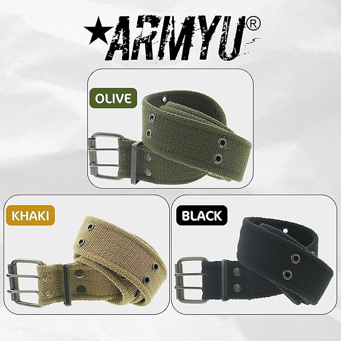 ARMYU Military Double Prong Canvas Belt, Heavy Duty Thick Cotton Army Pistol Grommet Two Hole 1.75"