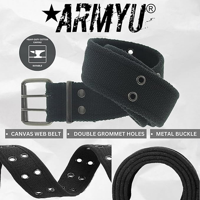 ARMYU Military Double Prong Canvas Belt, Heavy Duty Thick Cotton Army Pistol Grommet Two Hole 1.75"