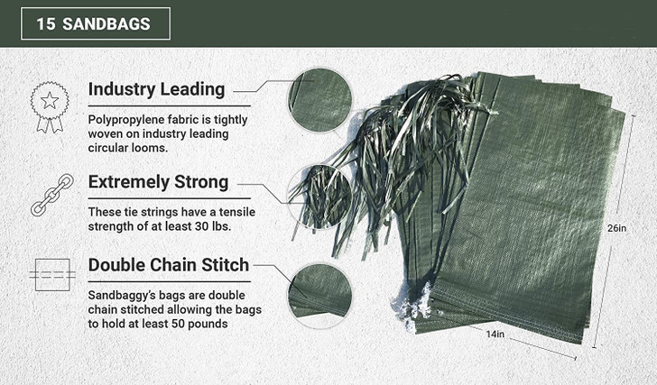 Polypropylene Olive Drab Rugged Sandbag, 14 Inches by 26 Inches, Pack of 15