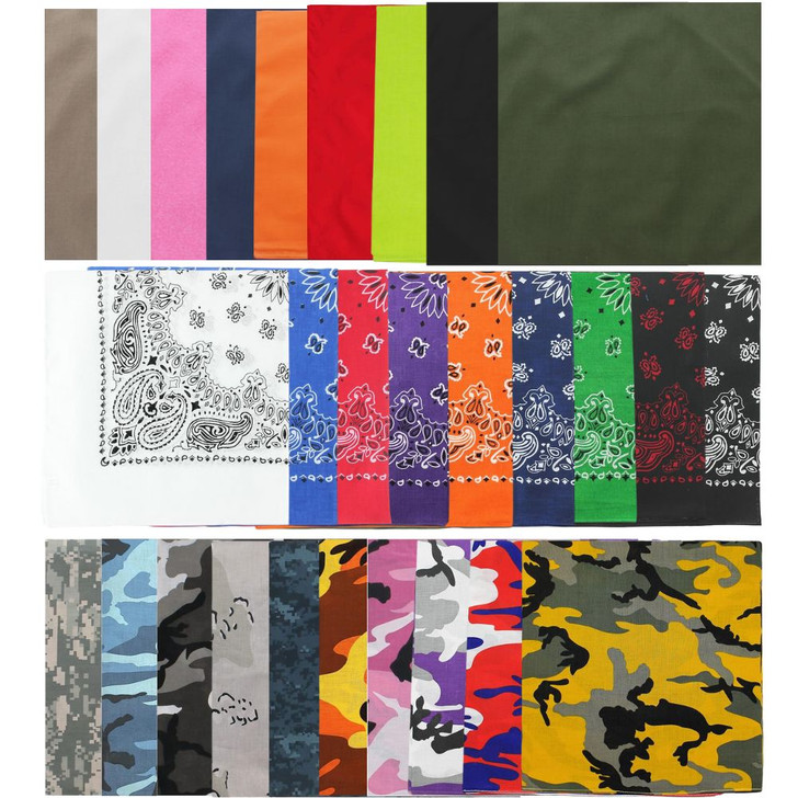 Camo Paisley & Solid Color Bandanas 22x22 Inches 100% Cotton Bandanas