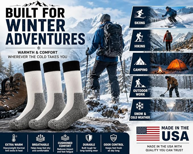 ARMYU Heavyweight Thermal Thick Insulated Boot Socks - Skiing Hiking Camping - Extra Warm Cold Weather (3 Pairs)