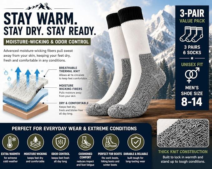 ARMYU Heavyweight Thermal Thick Insulated Boot Socks - Skiing Hiking Camping - Extra Warm Cold Weather (3 Pairs)