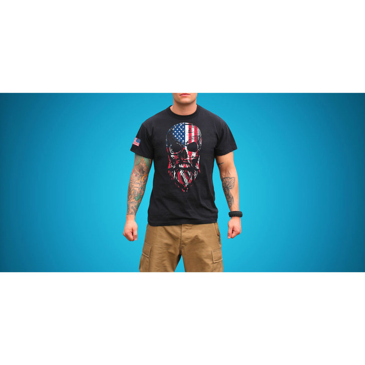 Bearded Skull US American Flag Distressed T-Shirt Short Sleeve Patriotic USA Tee