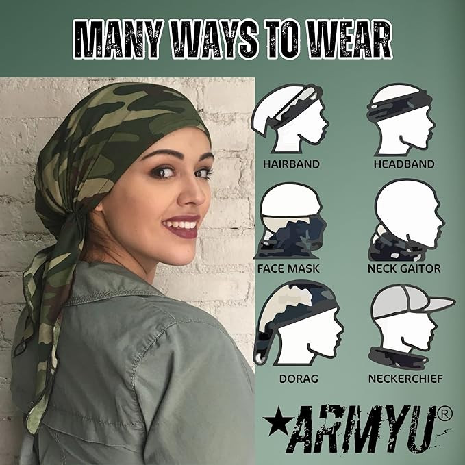 Camouflage Jumbo Bandanas Cotton Military Headwraps 27" x 27", 5-Pack
