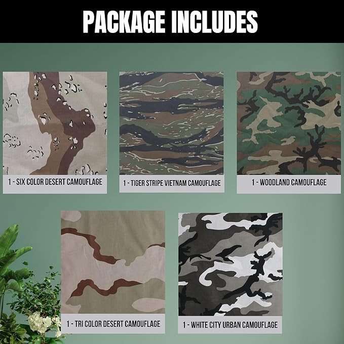 Camouflage Jumbo Bandanas Cotton Military Headwraps 27" x 27", 5-Pack