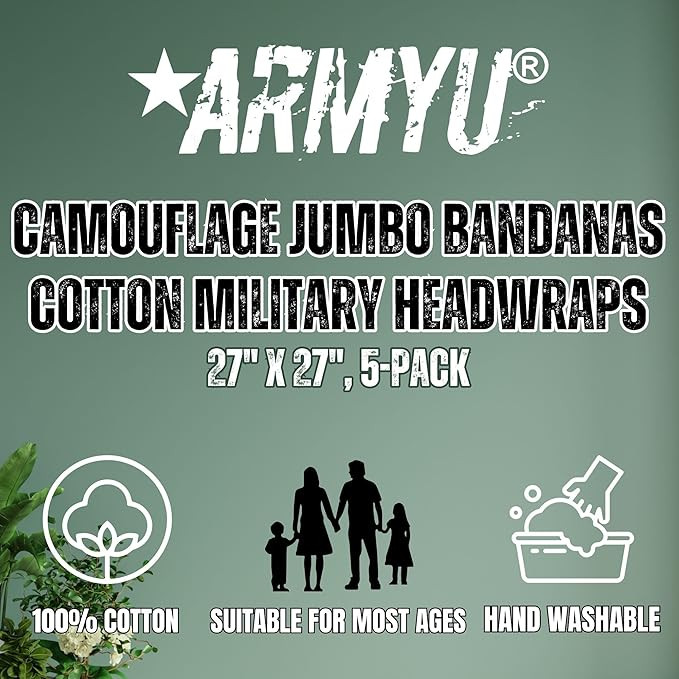 Camouflage Jumbo Bandanas Cotton Military Headwraps 27" x 27", 5-Pack